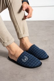 Resim FUGA MODA Astra Erkek Lacivert Kare Desenli Önü Kapalı Ev Terliği 