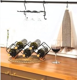 Resim Metal Şarap Şişesi Standı, 6 Şişe Kapasiteli, Tezgah Üstü Şişelik, Siyah 