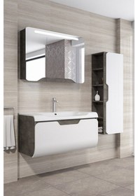 Resim Tales 100 Cm Banyo Dolabı - Retro Gümüş / Beyaz (Boy Dolap Dahil) 