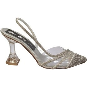 Resim Yazkış Kadın Platin Gümüş Şeffaf Üzeri Taşlı Sivri Burun 9cm Kadeh Topuk Düğün Nişan Abiye Ayakkabı 001 