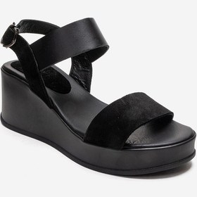Resim Luvishoes Lolanthe Siyah Cilt Siyah Süet Hakiki Deri Kadın Dolgu Topuklu Sandalet 