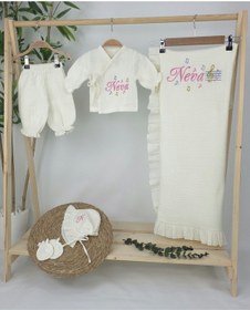 Resim Gros Shop Müslin Yeni Doğan 4katlı Organik %100pamuk Kişiye Özgü Nakışlı Hastane Çıkış Seti Nota Model Ekru-3 