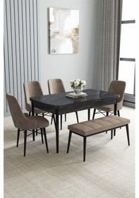 Resim Jusie Siyah Mermer Desen 80x132 Açılabilir Yemek Odası Takımı 4 Sandalye, 1 Bench Cappucino 