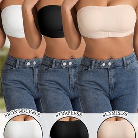 Resim 3'lü Dikişsiz Askısız Bandeau Sütyen Seti - Kablosuz, Ön Toka, Çıkarılabilir Pedler, Silikon Kaymaz Tutuş - Beyaz, Siyah ve Ten Rengi Akşam Elbiseleri İçin Mükemmel 