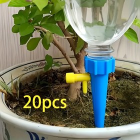 Resim 20 Adet Ayarlanabilir Akış Kontrol Vanalı Bitki Sulama Damlatıcıları, Kapalı Bitkiler ve Tatil Sulama için Polipropilen Kendiliğinden Sulama Sivri Uçları, Üniversal Şişe Adaptörlü Damla Sulama Sistemi 