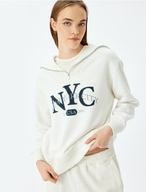 Resim Koton Yarım Fermuarlı Baskılı Oversize Kolej Sweatshirt Ekru 5sal10516ık Ekru 