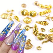 Resim 100 adet Tropikal Tırnak Sanatı Süsleri - Altın Denizyıldızı, Kabuklar & Hindistan Cevizi Ağacı Noktalıları Okyanus İlhamlı Manikürler için, Kadınlar İçin Kawaii Tırnak Dekorasyonları, Tatil Plaj Stili Tırnak Malzemeleri, Tırnak Süsleri 