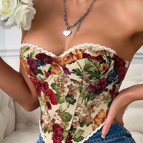 Resim Kadınların Çiçek Desenli Straplez Üstü, Vintage Dantel Bağcıklı Büstiyer ile Balık Kemeri Desteği, Polyester %95 Elastan %5, Tüm Mevsimler, Renk Bloğu, Dokuma Kumaş, 220gsm/110gsm 
