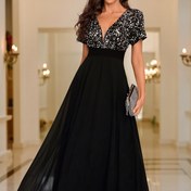 Resim Düğün Partisi İçin Şık V Yaka Elbise, Kadın Giyim, Payet Detaylı A Kesim Nedime Elbisesi 