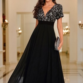 Resim Düğün Partisi İçin Şık V Yaka Elbise, Kadın Giyim, Payet Detaylı A Kesim Nedime Elbisesi 