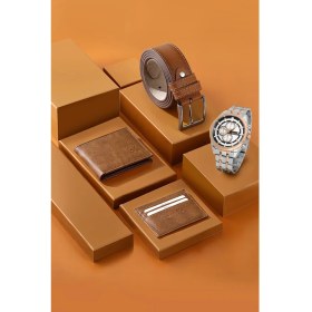 Resim Erkek Kol Saati Cüzdan Kemer Kartlık Kombin Kahverengi Set PL-0857E3 