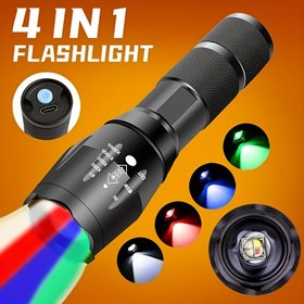 Resim Ultra Parlak 4'ü 1 Arada Şarj Edilebilir LED El Feneri Beyaz, Kırmızı, Mavi ve Yeşil Işıklarla - Kan Takibi, Dış Maceralar & Acil Durum Kullanımı İçin Taktiksel El Feneri (1200mAh Pil Dahil) 