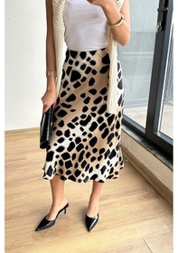 Resim Mixray 4647 Kadın Beli Lastikli Leopar Saten Etek Bej 
