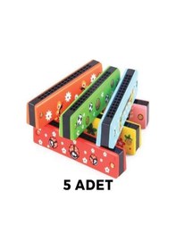 Resim Ahşap Mızıka Renkli Desenli Çocuk Mızıka Renkli Mızıka 16 Delikli Çift Sıralı Mızıka 5 Adet 