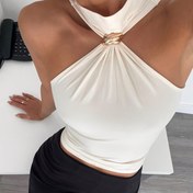 Resim Kadınlar İçin Fransız Tarzı Şık Kolsuz Yüksek Yaka Üst - Hafif Esnek Polyester-Spandeks Karışımı, Büzgülü Detay ve Altın Ton Metal Aksanlı, Makinede Yıkanabilir İlkbahar/Yaz Günlük ve Tatil Giyimi 