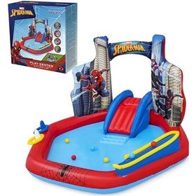 Resim 62002 Pompalı-bestway 98793 Spiderman Temalı Kaydıraklı Fıskiyeli Aquapark Şişme Eğlence Havuzu, 211x206x127cm Mavi 