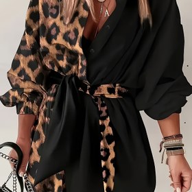 Resim Kadınlar için rahat iki tonlu leopar desenli elbise - Geniş paça, uzun kollu, bağcıklı, akıntılı yaz elbisesi siyah ve kahverengi, geniş paça elbise 