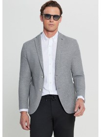 Resim AC&Co / Altınyıldız Classics Erkek Grı 360 Her Yöne Esneyen Slim Fit Dar Kesim Mono Yaka Armürlü Torba Cepli Blazer Ceket Gri 