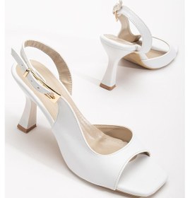 Resim Kadı Topuklu Sandalet Ayakkabı Beyaz Cilt Yan Büyük Tokalı-4021 Beyaz 