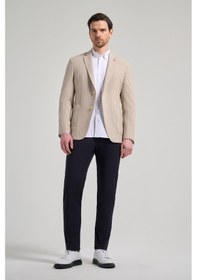 Resim İmza Çizgili Desen Gofreli Mono Yaka Esnek 6 Drop Slim Fit Ceket 1002250122 Koyu Bej 