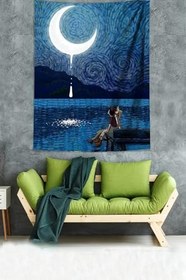 Resim Pelangi Van Gogh Iskelede Yıldzlı Gece Leke Tutmaz Kumaş Duvar Örtüsü Duvar Halısı Tapestry GOGH017, 70 x 70 