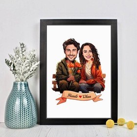 Resim Ciftlere Özel Bankta Aşkımız Karikatürlü Çerçeve 