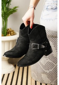 Resim Günlük Kadın Düz Süet Bot Oval Burunlu Toka Detaylı Tırtıklı Taban Kovboy Bot 281 Siyah - Süet 