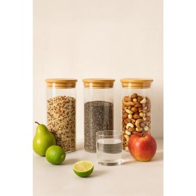 Resim Hava Geçirmez 3'lü Düz Cam Kahvaltılık Vakum Kapaklı Kavanoz Seti - 1095 ml 