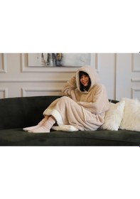 Resim Rokeff Wellsoft Tek Kişilik Giyilebilir Battaniye Bej Beyaz Bantlı L/xl 