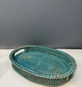 Resim Dekoratif Polyester Hasır Tepsi Turkuaz-gold Eskitme 