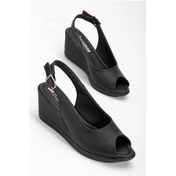 Resim Dolgu Taban Burun Ve Arka Açık Ortopedik Suni Deri Siyah Kadın Dolgu Topuk Ayakkabı-2781-siyah Siyah 