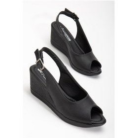 Resim Dolgu Taban Burun Ve Arka Açık Ortopedik Suni Deri Siyah Kadın Dolgu Topuk Ayakkabı-2781-siyah Siyah 