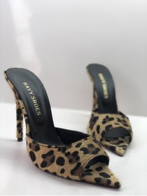 Resim HAYYSHOES Hakiki Deri Astarlı Leopar Tüylü Topuklu Terlik 
