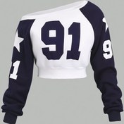 Resim Kadınlar İçin Omuz Açık Sweatshirt - Lacivert & Beyaz Renk Blok, Asimetrik Yaka, Şık Parti ve Günlük Kullanım Üstleri - Makinede Yıkanabilir Moda Giyim 
