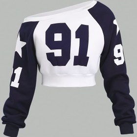Resim Kadınlar İçin Omuz Açık Sweatshirt - Lacivert & Beyaz Renk Blok, Asimetrik Yaka, Şık Parti ve Günlük Kullanım Üstleri - Makinede Yıkanabilir Moda Giyim 