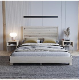 Resim Alaz Model Vernikli Çam Ahşap Karyola Ve İki Komodin Set Yatay -300 150 x 200 CM 