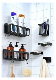 Resim 6lı Banyo Duş Seti Duş Rafı Şampuan Sabun Askılık Siyah 