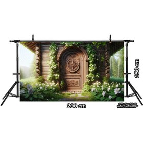 Resim Venspor Rustik Ahşap Kapı ve Çiçeklerle Süslenmiş Bahçe Arkaplan - 200x150cm Fon Duvar Örtüsü 
