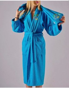 Resim Alya Lüks Nakışlı Pamuklu 2 Parça Bornoz Seti Mavi 