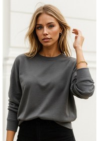 Resim Kadın Füme Pamuklu İnterlock Oversize Sweatshirt Füme 
