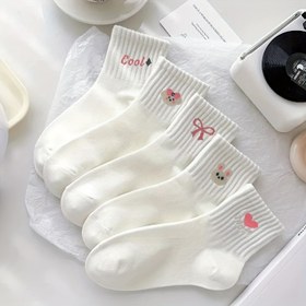 Resim 5'li Paket HY Kadın Ayak Bileği Çorapları - Sevimli Kalp, Tavşan ve Kurdele Desenli Beyaz, Nefes Alabilen Yumuşak Kumaş, İlkbahar/Yaz Günlük Kullanım İçin Rahat Ayakkabı, Yüksek Kalite İplik 