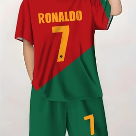 Resim Erkekler Futbol Ekipmanı #7 - Ronaldo T-Shirt ve Şort Seti, Yeşil ve Kırmızı Altın Numara Tasarımı ile, Bahar/Yaz için Rahat Dış Mekan Giyimi, Konforlu Kumaş, Dış Mekan için 