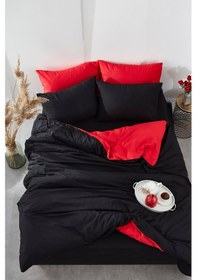 Resim Kırmızı Siyah %100 Pamuk Tek Kişilik Nevresim Takımı Çarşaflı Yatak Örtüsü Olarak Da Kullanılır 