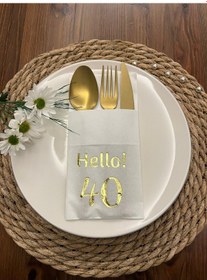 Resim Gold Yaldızlı Beyaz Cepli Hello Kırk Yaş Peçete 12 Adet 40x40 