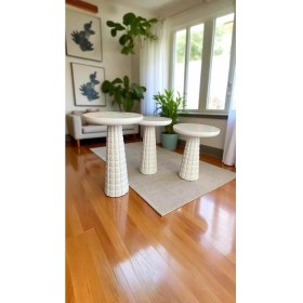 Resim Masif Ahşap 3lü Mantar Sehpa Seti Beyaz Renk Doğal Zigon Fiskos 