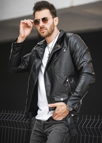 Resim Castries Yandan Fermuarlı Kemerli Slim Fit Erkek Deri Ceket - SIYAH / M 