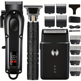 Resim 3 adet Erkek Profesyonel Saç Kesme Makinesi Seti, Elektrikli Tıraş Makinesi ve Trimmer Kiti, Kablosuz Saç Kesme Makinesi, T-Blade Sakal Trimmer, Erkek Bakımı için 