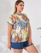 Resim Kadın Kısa Kollu Bisiklet Yaka Sarmaşık Desen Krep Büyük Beden Bluz Yeşil 