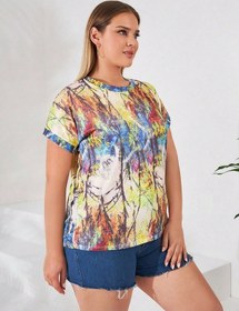 Resim Kadın Kısa Kollu Bisiklet Yaka Sarmaşık Desen Krep Büyük Beden Bluz Yeşil 