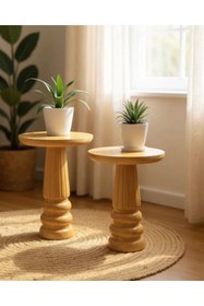 Resim ASELYA HOME Doğal Ahşap 2’li Set Mantar Yan Sehpa Modern Vernikli Fiskos Zigon Çiçeklik 